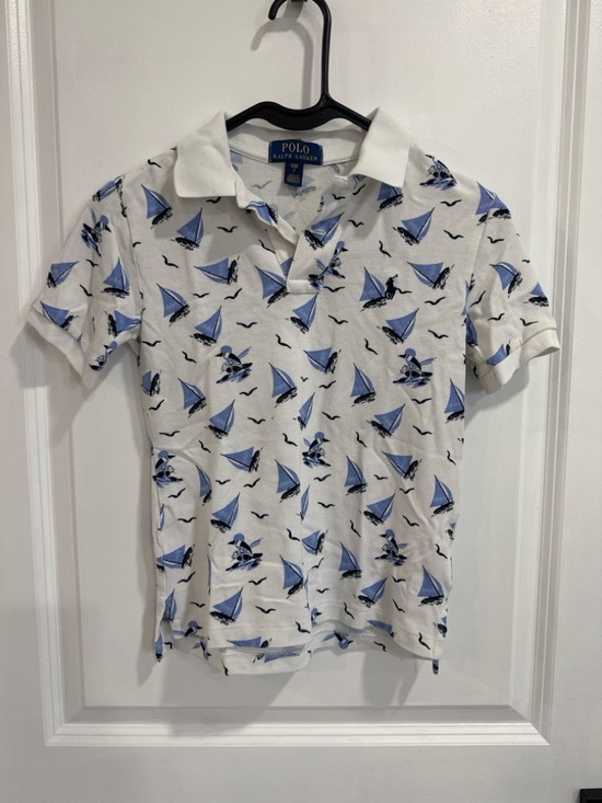 Other - Polo Ralph Lauren Boys Sz 8 White Blue Sailboat Print Polo Shirt Nautical Preppy